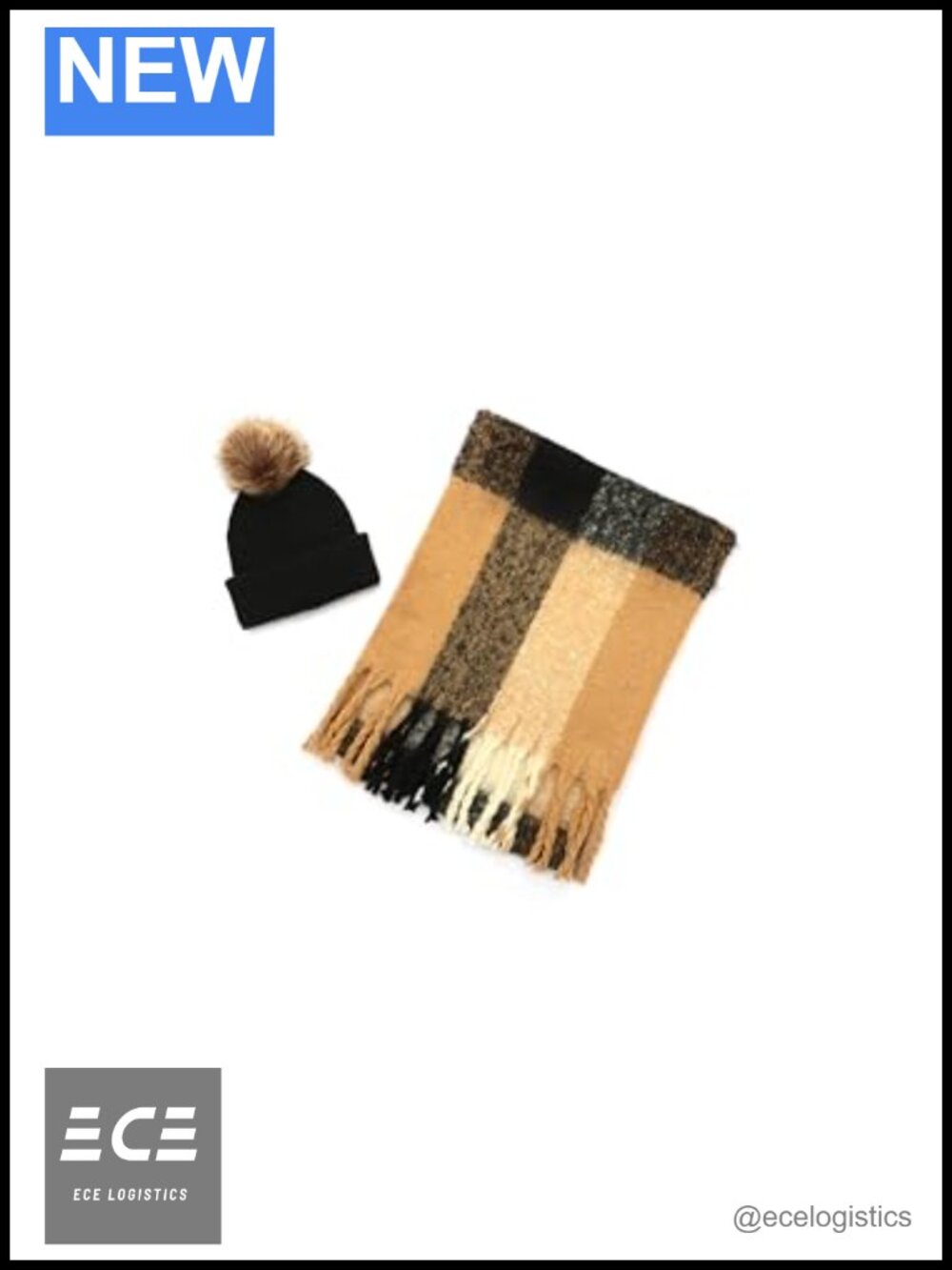Woven Check Scarf and Pom Hat Set Boxed Acrylic Wool Blend